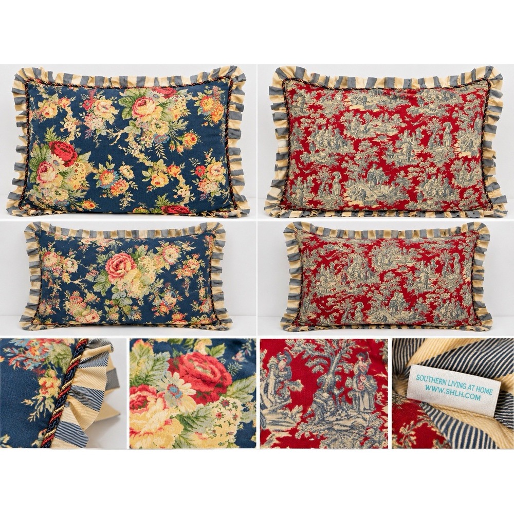 Pair of 2 Waverly Reversible Pillow Case Covers Floral Toile Ruffle Trim Cotton